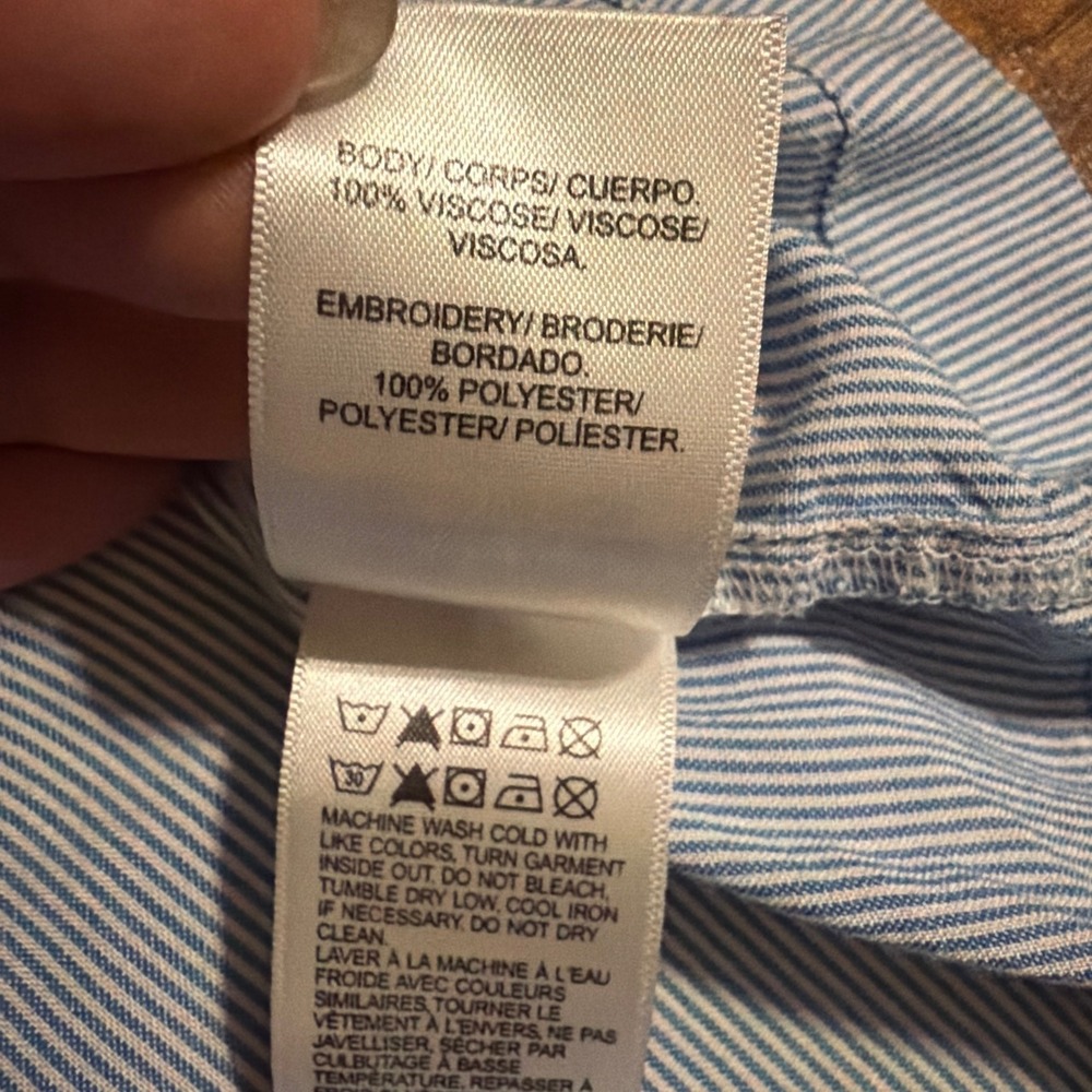 Lucky Brand Embroidered Pinstripe Babydoll Top Blue White XL Boho Cap Sleeve - Picture 9 of 9